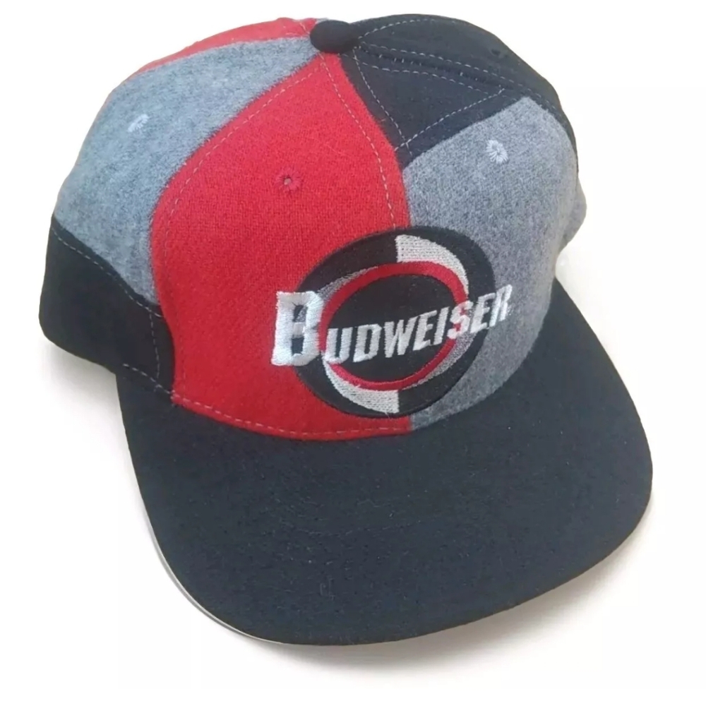 Budweiser Y2k Patchwork Logo Snapback Hat Cap Red Black Grey 6 Panel Vintage 90s